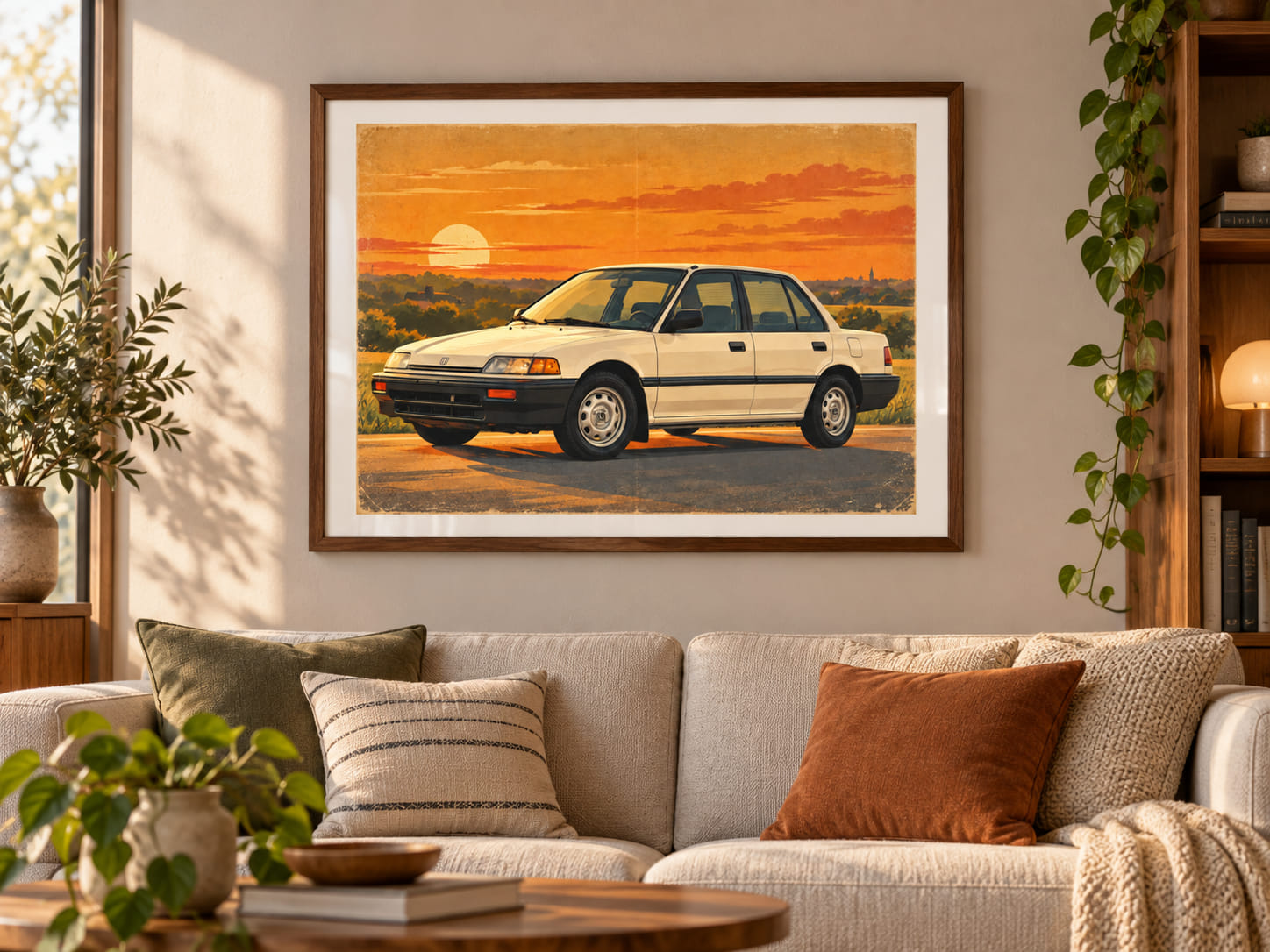 The framed vintage-poster portrait hanging above a sofa in a living room