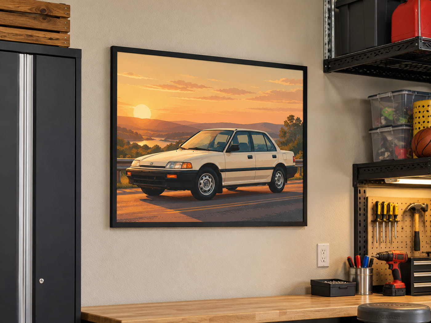 A framed car portrait on the garage wall above a workbench