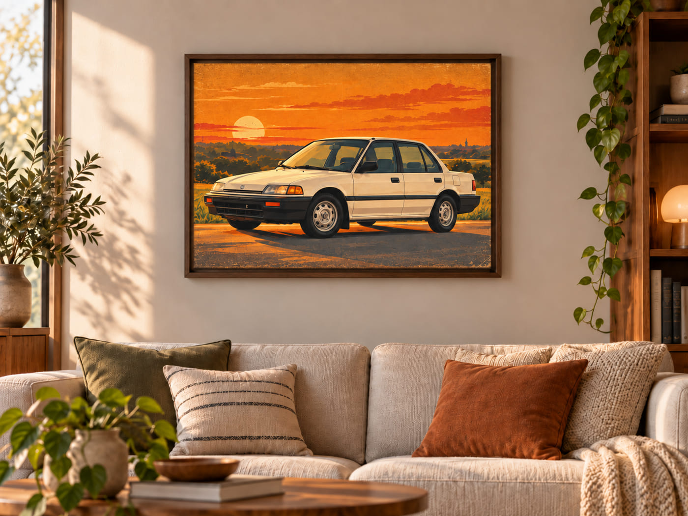 A framed car portrait above a sofa in a living room
