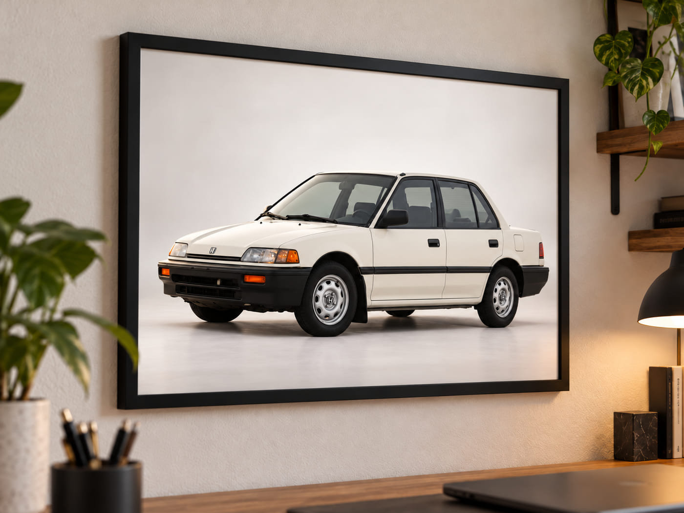 A framed car portrait above a desk in a home office