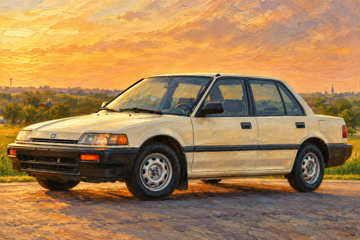 Oil painting of the white sedan at sunset