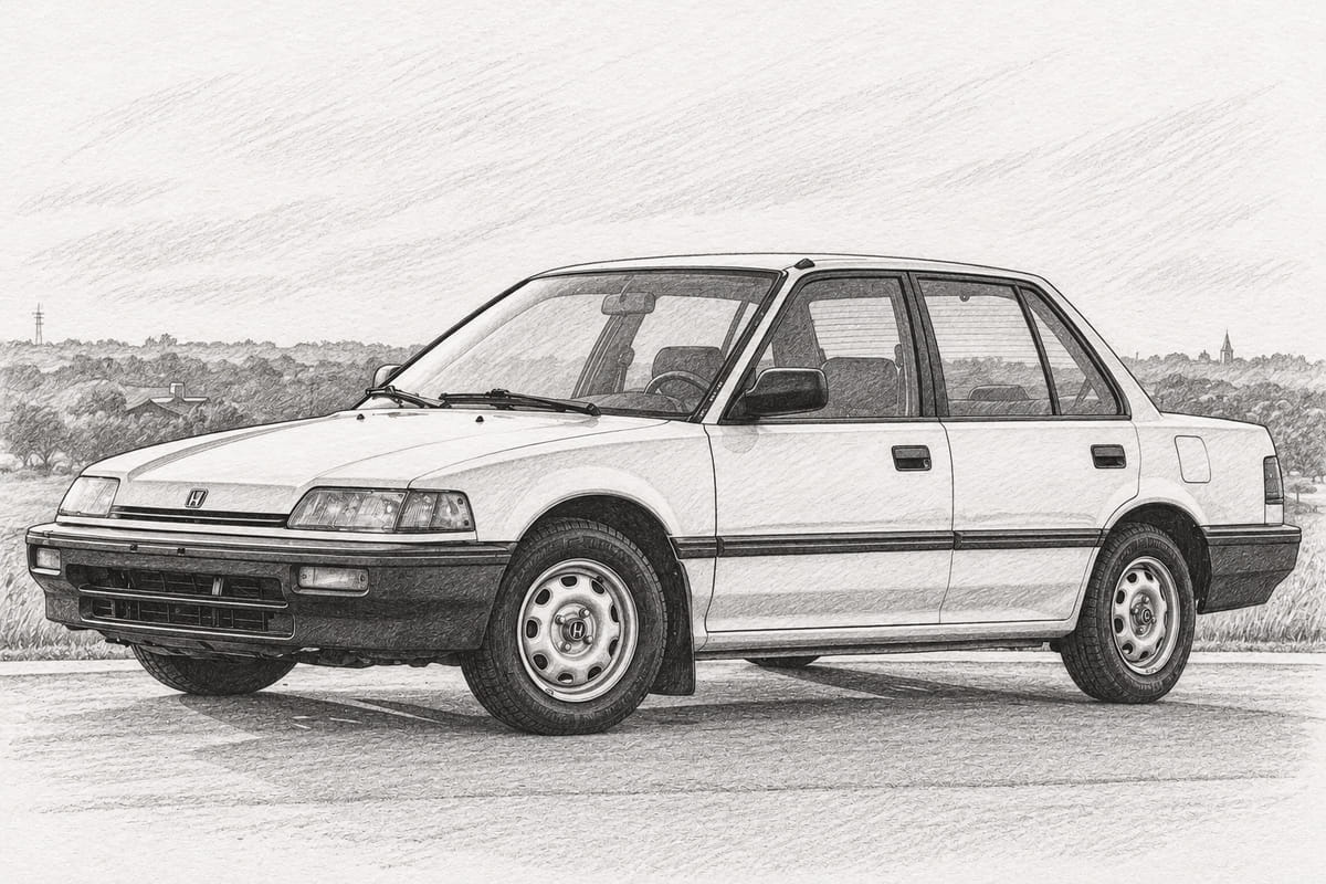 Pencil sketch of the white sedan