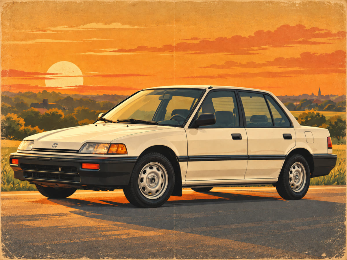 Framed vintage-poster portrait of a white 1989 sedan at sunset