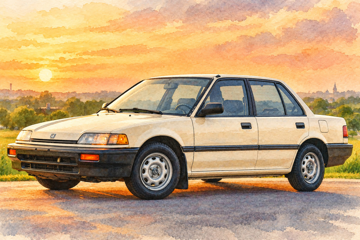 Watercolour portrait of the white sedan at sunset